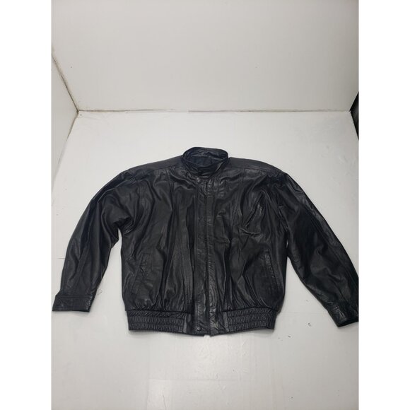 Boss Leather Black Leather Bomber Motorcycle Full Zip Button Up Jacket Size ? - Picture 1 of 16